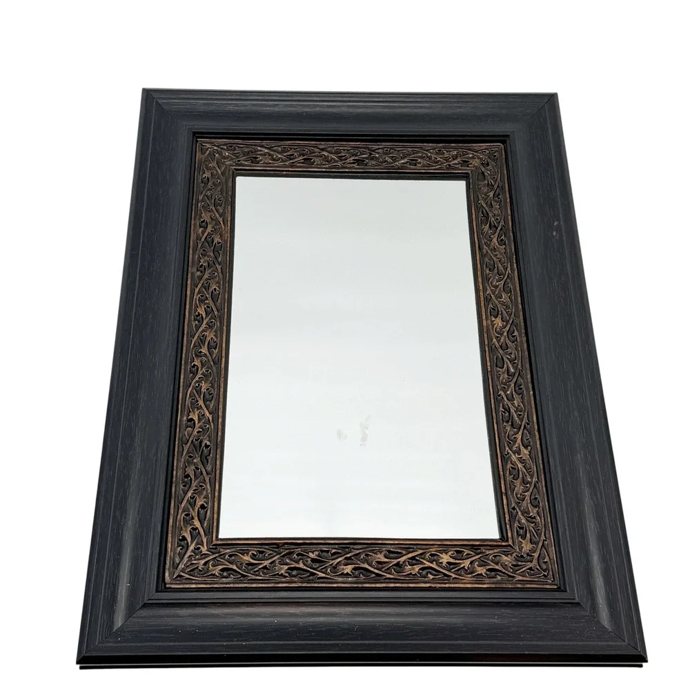 Ornate Black and Bronze Filigree Wall Mirror 12.5x15.5 Rectangular Vintage Style